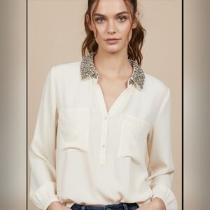 MADE IN ITALY Women's Cream Blouse with Embellished Collar SIZE LARGE